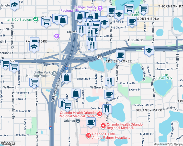 map of restaurants, bars, coffee shops, grocery stores, and more near 70 West Lucerne Circle in Orlando
