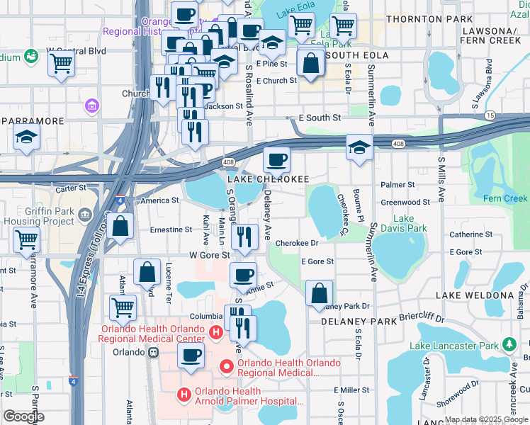 map of restaurants, bars, coffee shops, grocery stores, and more near 700 Delaney Avenue in Orlando