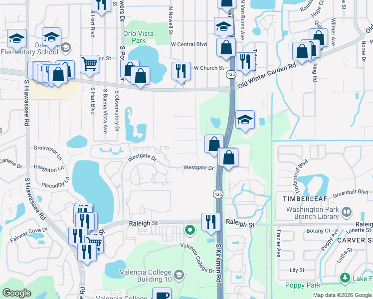 map of restaurants, bars, coffee shops, grocery stores, and more near 5906 Rosette Street in Orlando