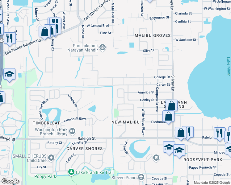 map of restaurants, bars, coffee shops, grocery stores, and more near 725 Cornelia Court in Orlando