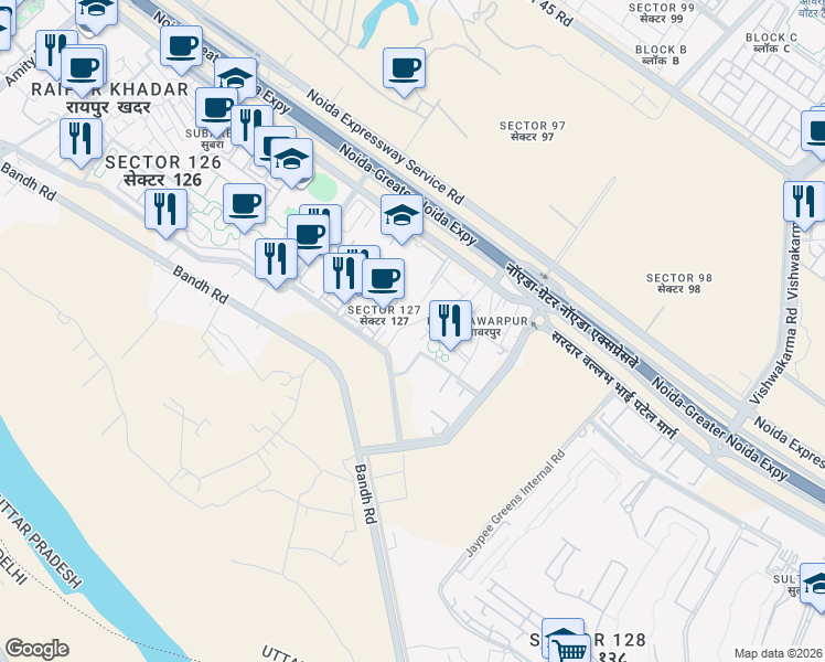 map of restaurants, bars, coffee shops, grocery stores, and more near Unnamed Road in Noida