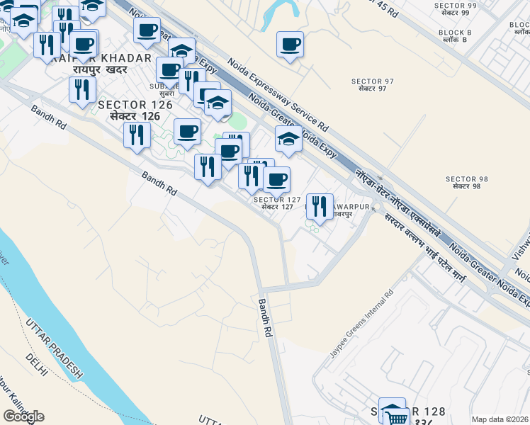 map of restaurants, bars, coffee shops, grocery stores, and more near Noida Greater Noida Express Way in New Okhla Industrial Development Area