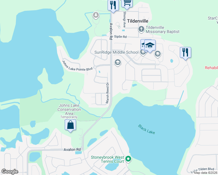 map of restaurants, bars, coffee shops, grocery stores, and more near 635 Marsh Reed Drive in Winter Garden