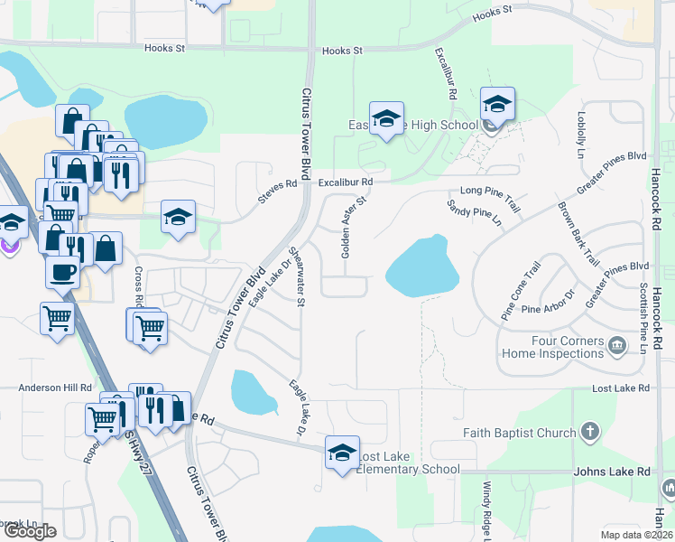 map of restaurants, bars, coffee shops, grocery stores, and more near 1867 Harrier Avenue in Clermont