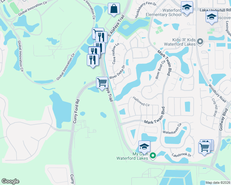 map of restaurants, bars, coffee shops, grocery stores, and more near 12156 Shady Spring Way in Orlando