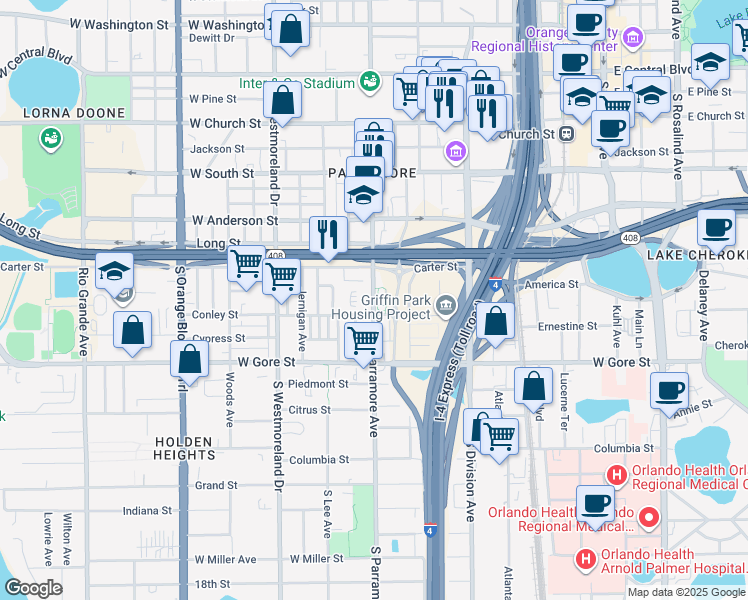 map of restaurants, bars, coffee shops, grocery stores, and more near 622 Conley Street in Orlando