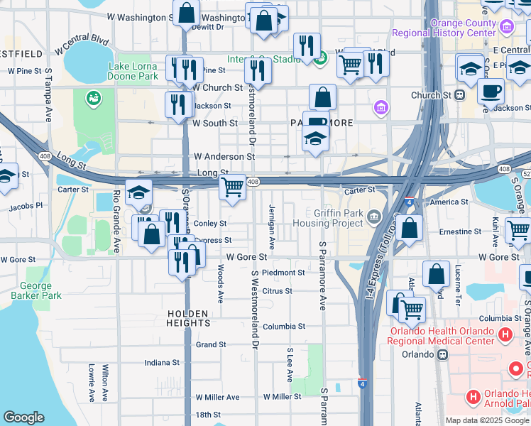 map of restaurants, bars, coffee shops, grocery stores, and more near in Orlando