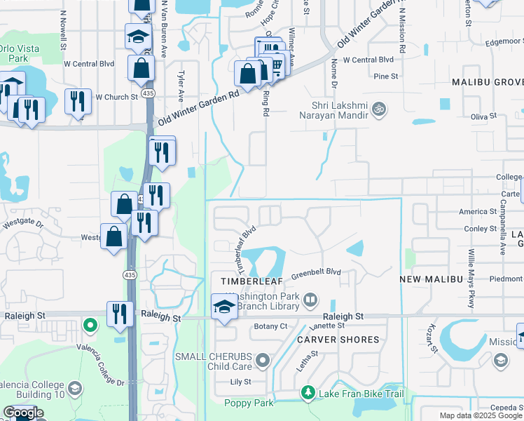 map of restaurants, bars, coffee shops, grocery stores, and more near 640 Grandiflora Drive in Orlando
