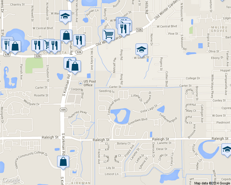 map of restaurants, bars, coffee shops, grocery stores, and more near 640 Grandiflora Drive in Orlando