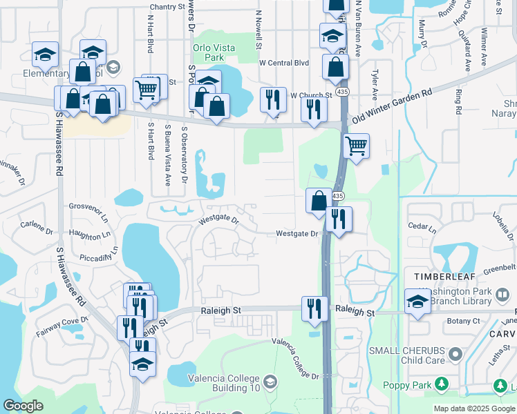 map of restaurants, bars, coffee shops, grocery stores, and more near 5955 Westgate Drive in Orlando