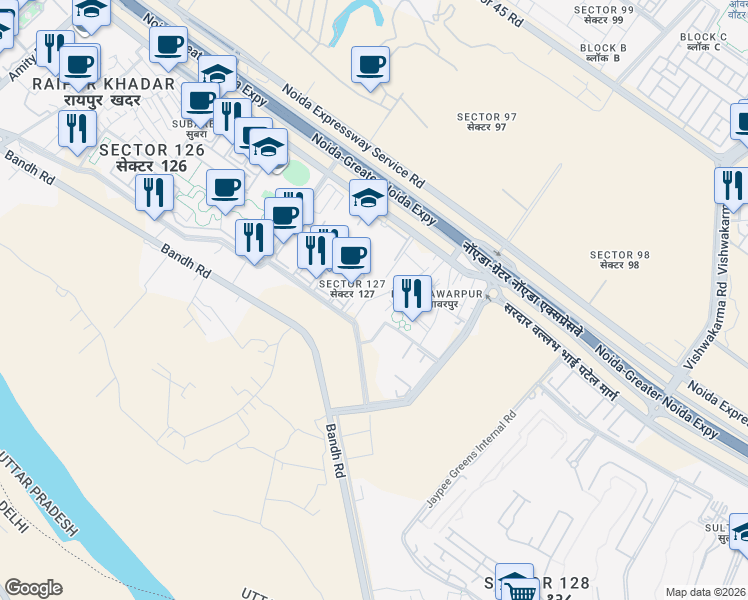 map of restaurants, bars, coffee shops, grocery stores, and more near Unnamed Road in Noida