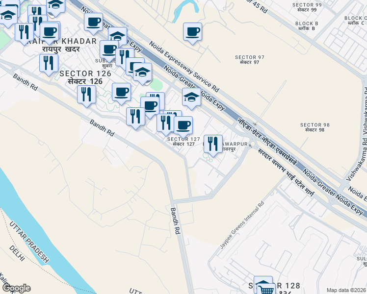 map of restaurants, bars, coffee shops, grocery stores, and more near Noida Greater Noida Express Way in New Okhla Industrial Development Area