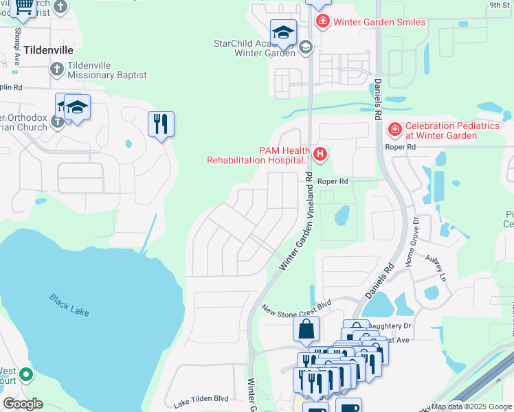 map of restaurants, bars, coffee shops, grocery stores, and more near 535 Seaside Cove Street in Winter Garden