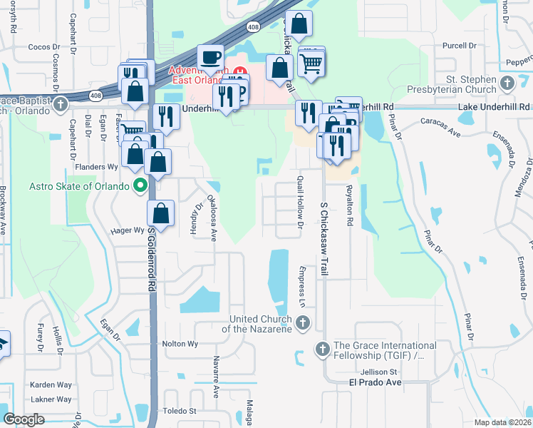 map of restaurants, bars, coffee shops, grocery stores, and more near 780 Hummingbird Lane in Orlando