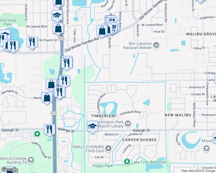 map of restaurants, bars, coffee shops, grocery stores, and more near 640 Grandiflora Drive in Orlando
