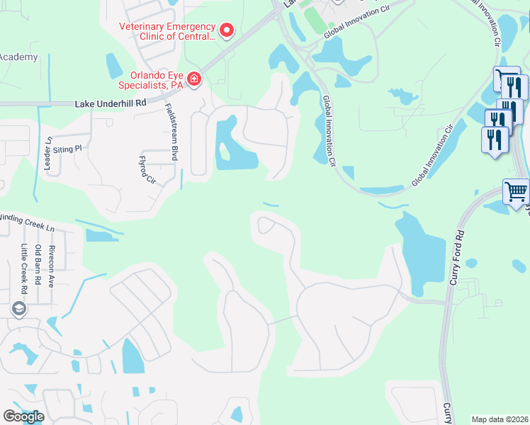 map of restaurants, bars, coffee shops, grocery stores, and more near 1085 Crane Crest Way in Orlando
