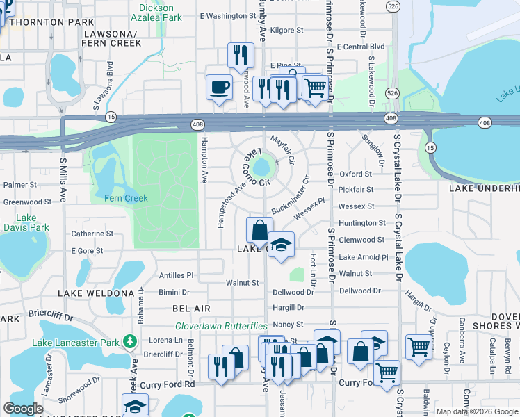 map of restaurants, bars, coffee shops, grocery stores, and more near 711 Essex Place in Orlando