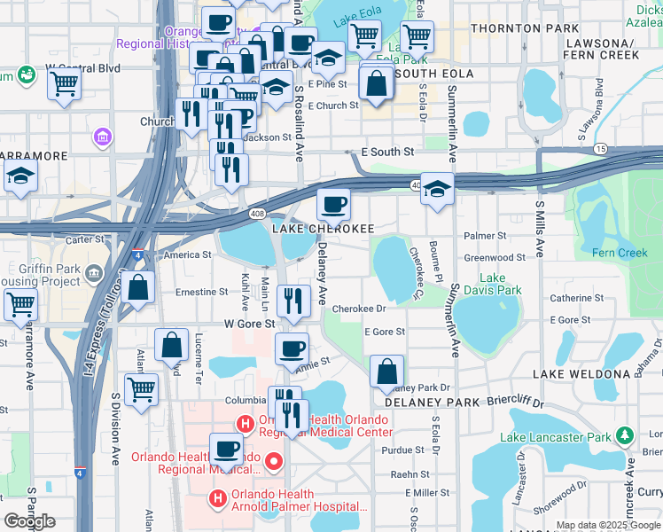 map of restaurants, bars, coffee shops, grocery stores, and more near 700 Delaney Avenue in Orlando
