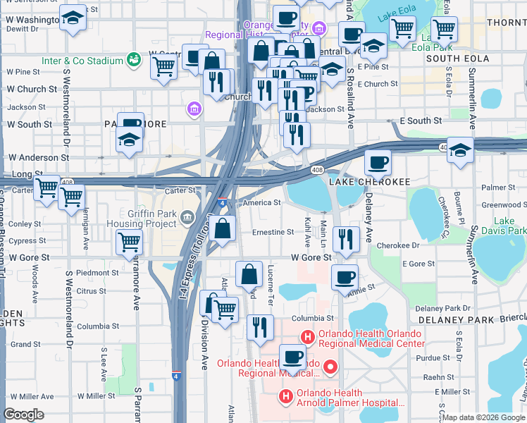 map of restaurants, bars, coffee shops, grocery stores, and more near 203 Ernestine Street in Orlando