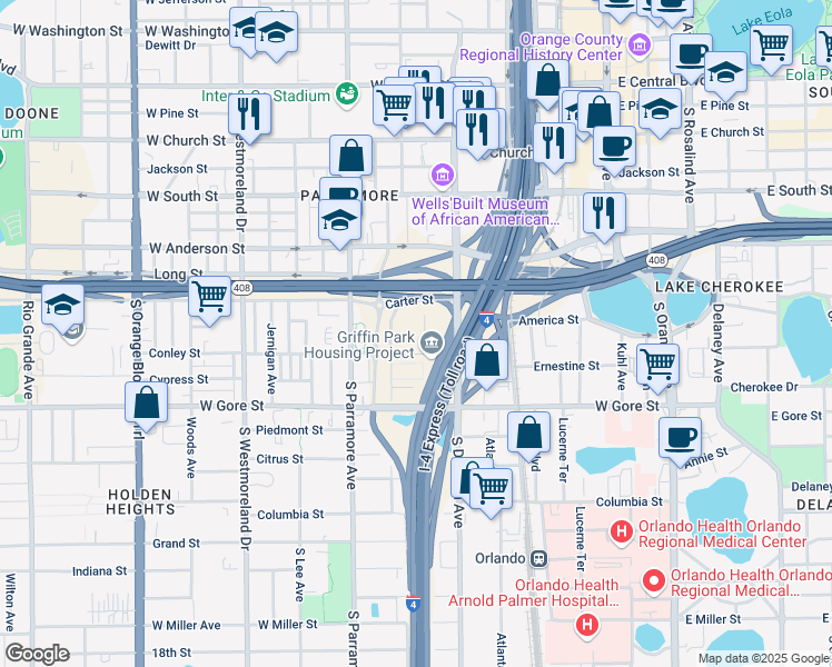 map of restaurants, bars, coffee shops, grocery stores, and more near 74 Callahan Drive in Orlando