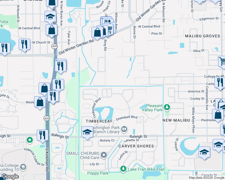 map of restaurants, bars, coffee shops, grocery stores, and more near 5200 Lobelia Drive in Orlando