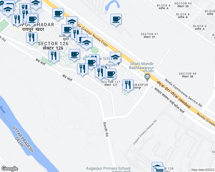 map of restaurants, bars, coffee shops, grocery stores, and more near in Noida