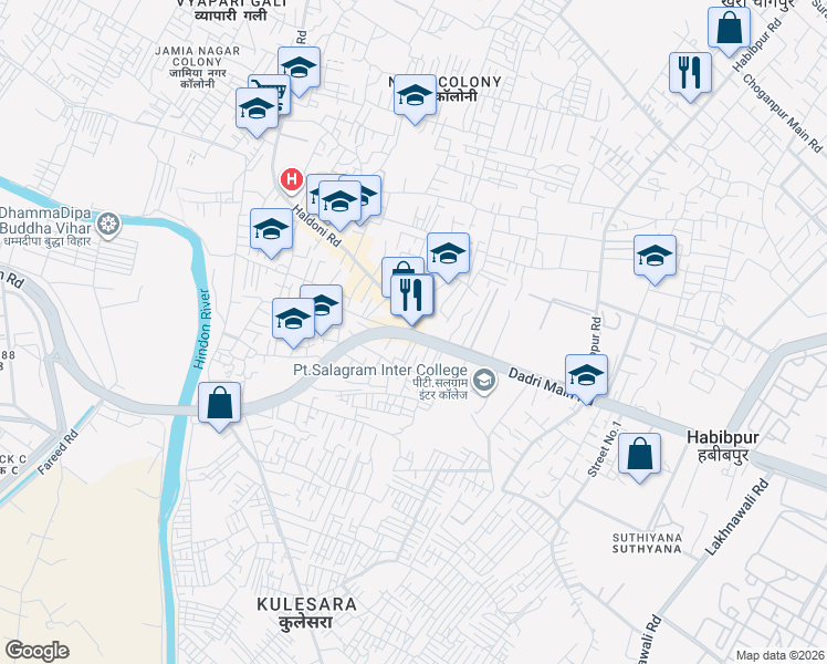 map of restaurants, bars, coffee shops, grocery stores, and more near Dadri Road in Greater Noida