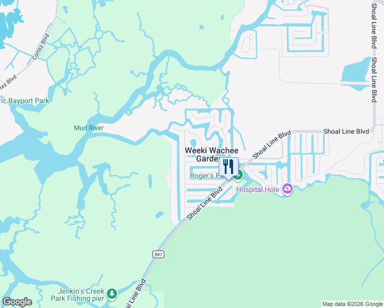 map of restaurants, bars, coffee shops, grocery stores, and more near 5296 Circle Drive in Spring Hill