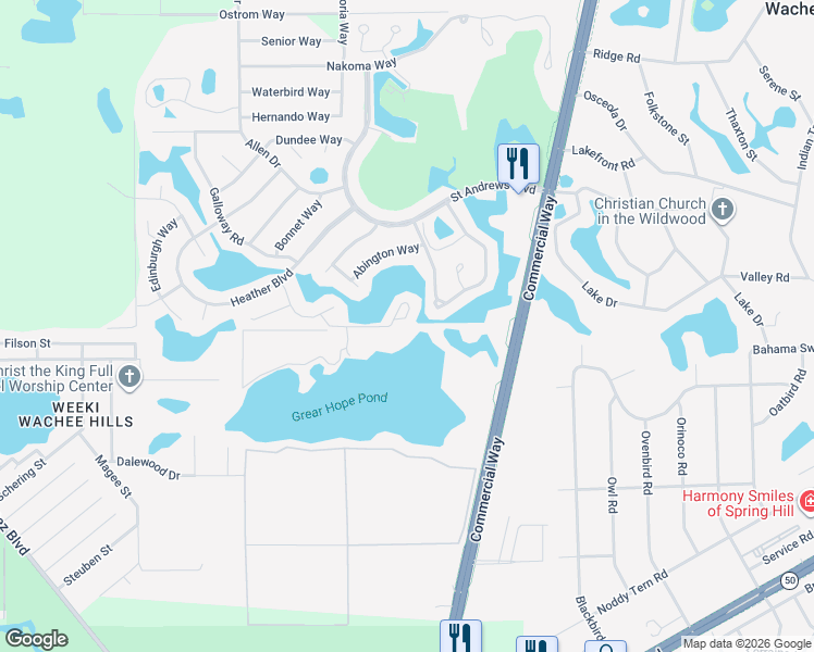 map of restaurants, bars, coffee shops, grocery stores, and more near 9199 Lingrove Road in Spring Hill