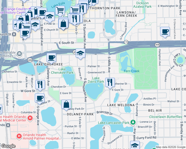 map of restaurants, bars, coffee shops, grocery stores, and more near 719 North Lake Davis Drive in Orlando