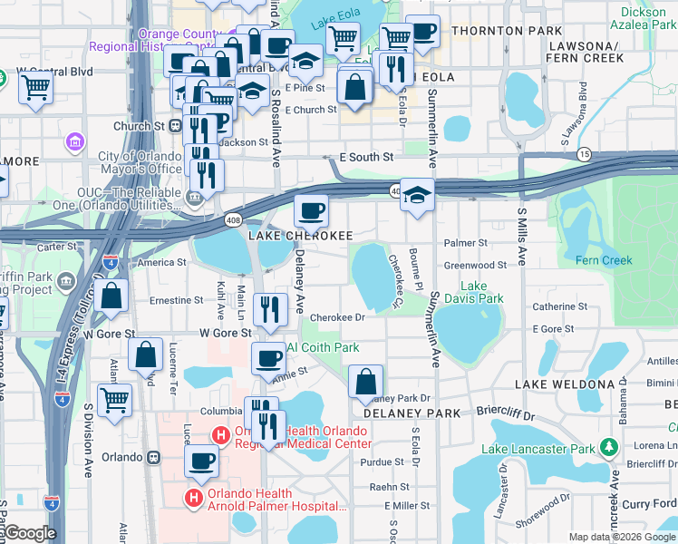 map of restaurants, bars, coffee shops, grocery stores, and more near 322 Agnes Street in Orlando