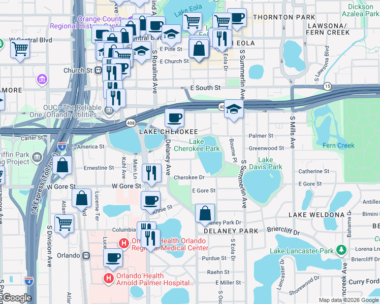 map of restaurants, bars, coffee shops, grocery stores, and more near 322 Agnes Street in Orlando