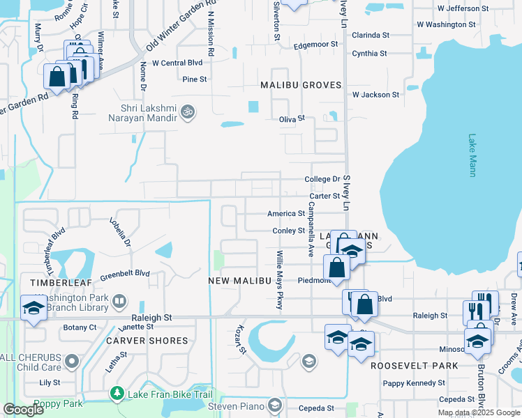 map of restaurants, bars, coffee shops, grocery stores, and more near 4632 America Street in Orlando