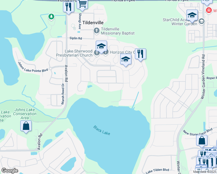 map of restaurants, bars, coffee shops, grocery stores, and more near 14552 Driftwood Court in Winter Garden