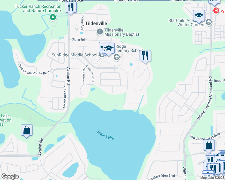 map of restaurants, bars, coffee shops, grocery stores, and more near 15117 Driftwood Court in Winter Garden