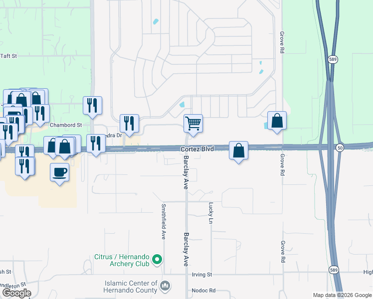 map of restaurants, bars, coffee shops, grocery stores, and more near Cortez Blvd & Barclay Ave in Spring Hill