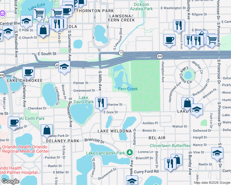 map of restaurants, bars, coffee shops, grocery stores, and more near 1412 Noble Place in Orlando