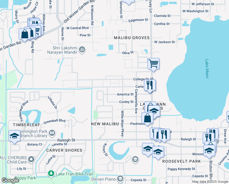 map of restaurants, bars, coffee shops, grocery stores, and more near 4632 America Street in Orlando