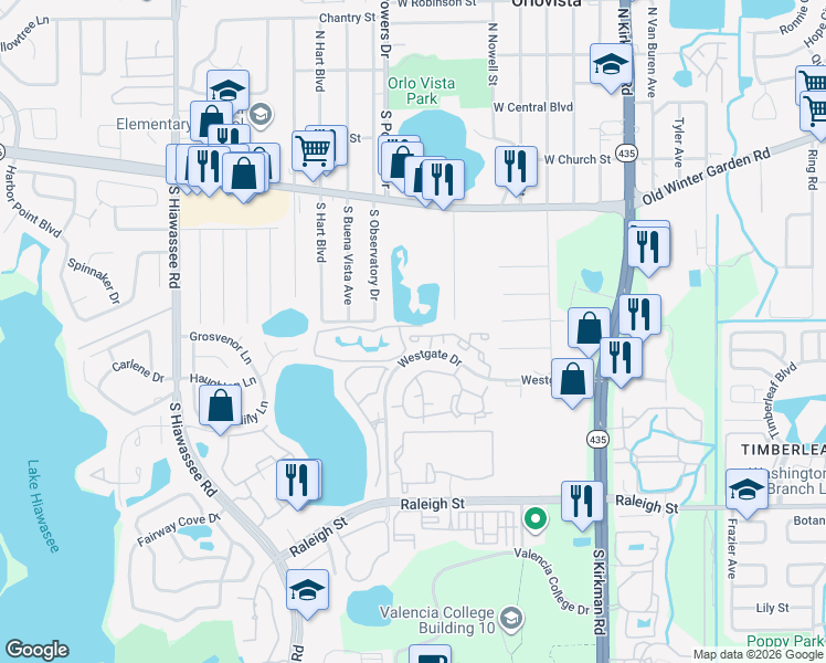 map of restaurants, bars, coffee shops, grocery stores, and more near 6065 Westgate Drive in Orlando