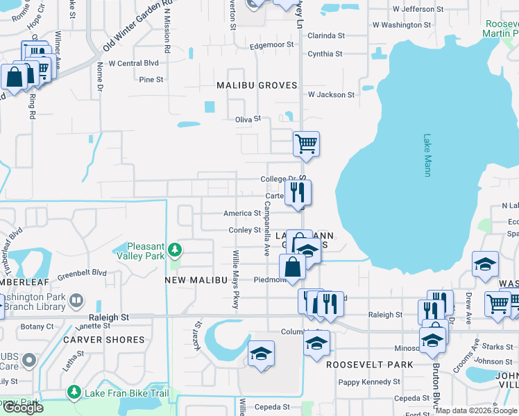 map of restaurants, bars, coffee shops, grocery stores, and more near 4452 America Street in Orlando