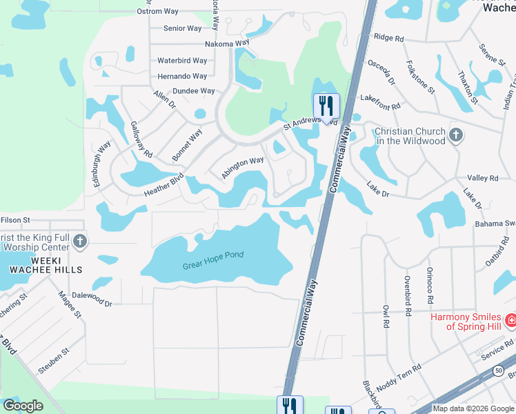 map of restaurants, bars, coffee shops, grocery stores, and more near 9199 Lingrove Road in Spring Hill