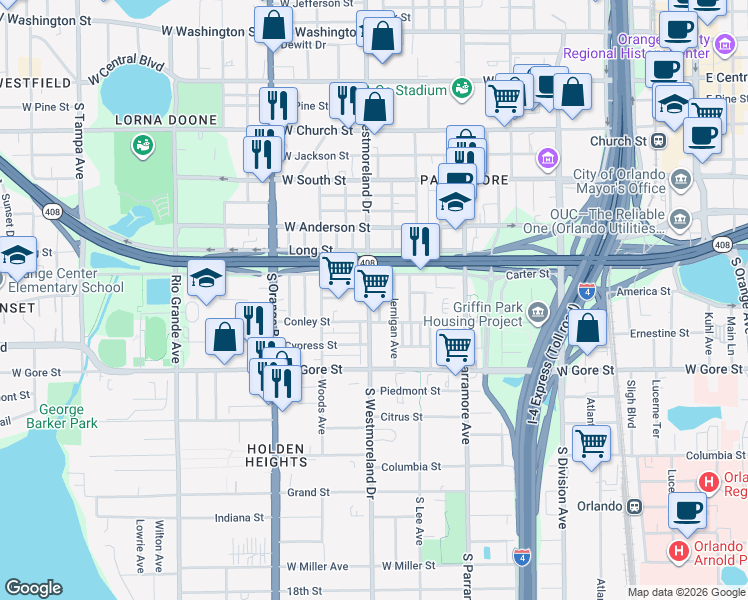 map of restaurants, bars, coffee shops, grocery stores, and more near 920 Carter Street in Orlando