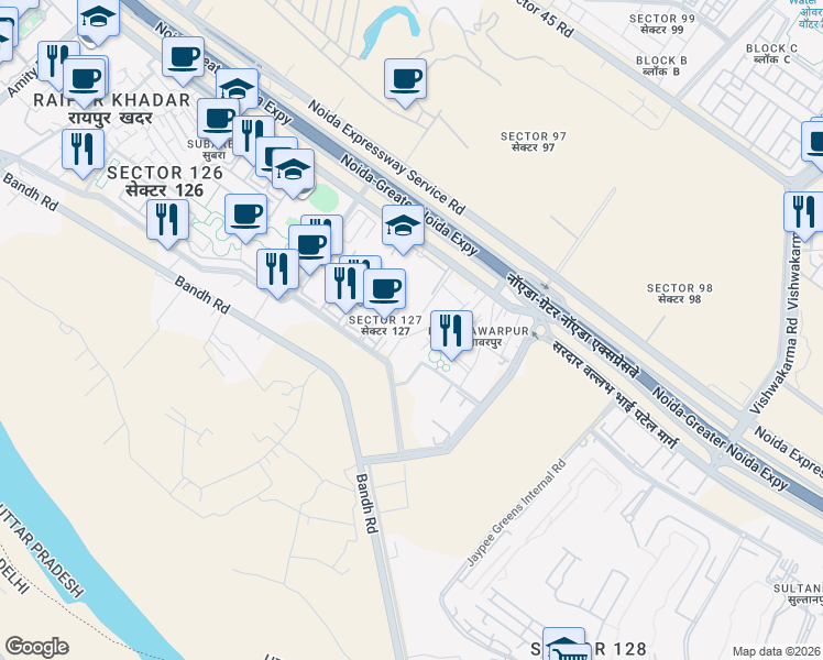map of restaurants, bars, coffee shops, grocery stores, and more near Unnamed Road in Noida