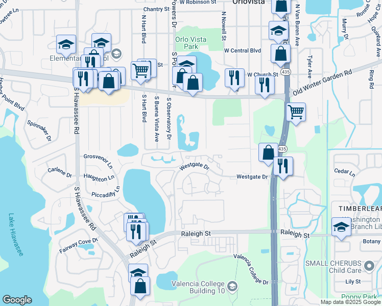 map of restaurants, bars, coffee shops, grocery stores, and more near 6059 Westgate Drive in Orlando