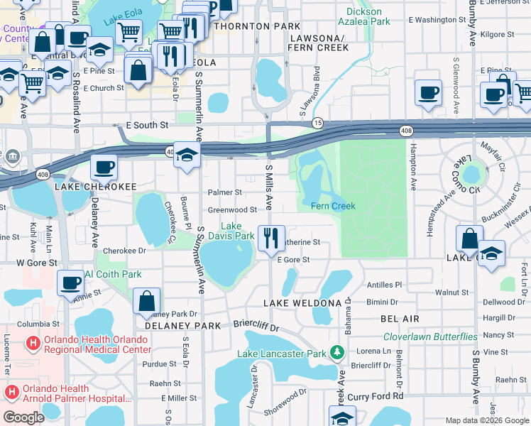 map of restaurants, bars, coffee shops, grocery stores, and more near 1120 Greenwood Street in Orlando