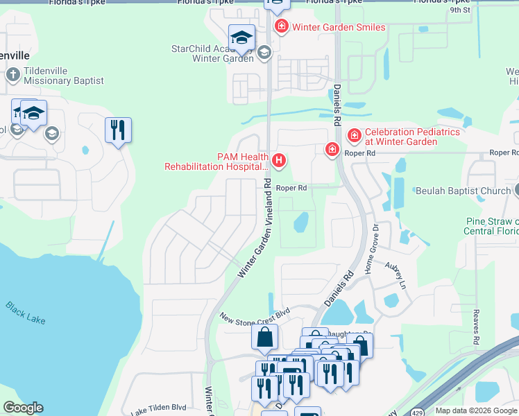 map of restaurants, bars, coffee shops, grocery stores, and more near 553 Cascading Creek Lane in Winter Garden