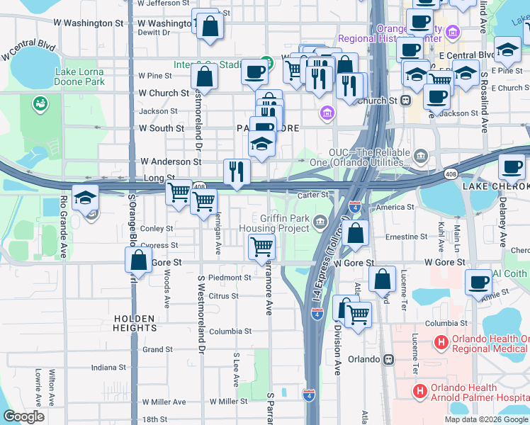 map of restaurants, bars, coffee shops, grocery stores, and more near 707 South Parramore Avenue in Orlando