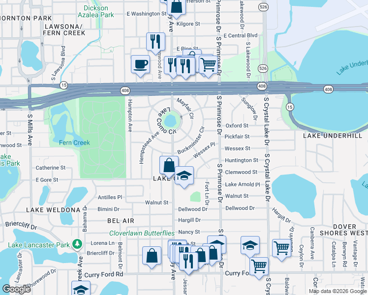 map of restaurants, bars, coffee shops, grocery stores, and more near 606 Mayfair Circle in Orlando