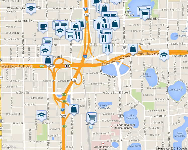 map of restaurants, bars, coffee shops, grocery stores, and more near 100S North Lucerne Circle West in Orlando