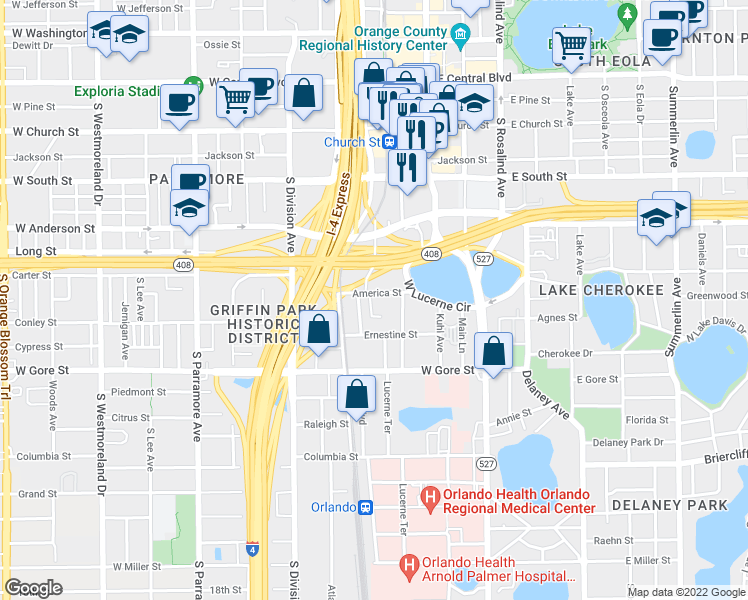 map of restaurants, bars, coffee shops, grocery stores, and more near 100S North Lucerne Circle West in Orlando